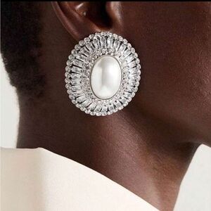 ZARA Silver Eclat Oval Crystal & Pearl Drop Earrings